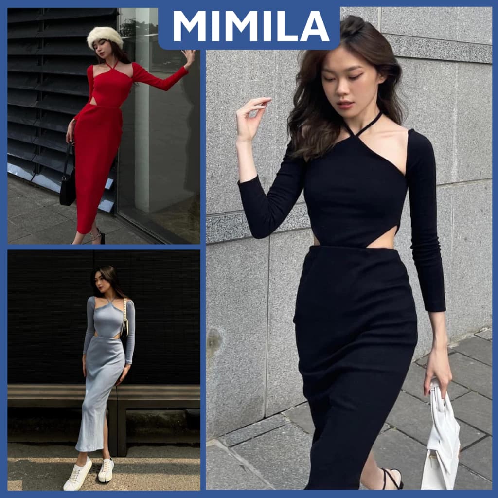 Đầm Body Dài Tay MIMILA Thiết Kế Cổ Yếm Khoét Eo Váy Dáng Dài Ôm Sát Tôn Dáng Sang Chảnh  - MBD068