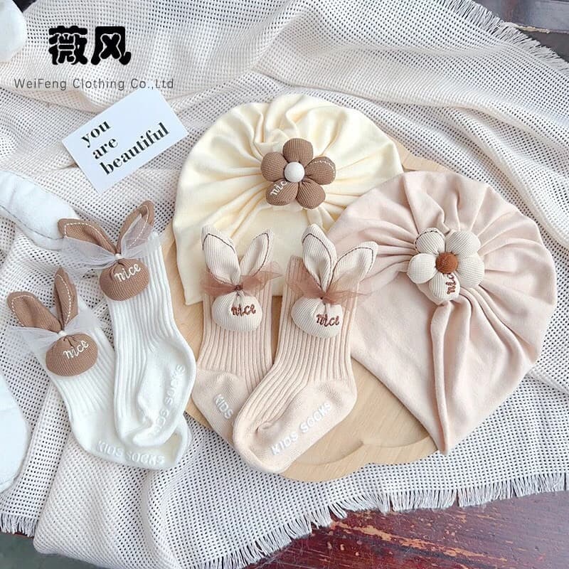 Set Mũ Turban Kèm Tất Cao Cổ hình Hoa - Gấu, Thỏ ChicBaby Có Chống Trơn Trượt Dễ Thương Cho Bé (Mới)