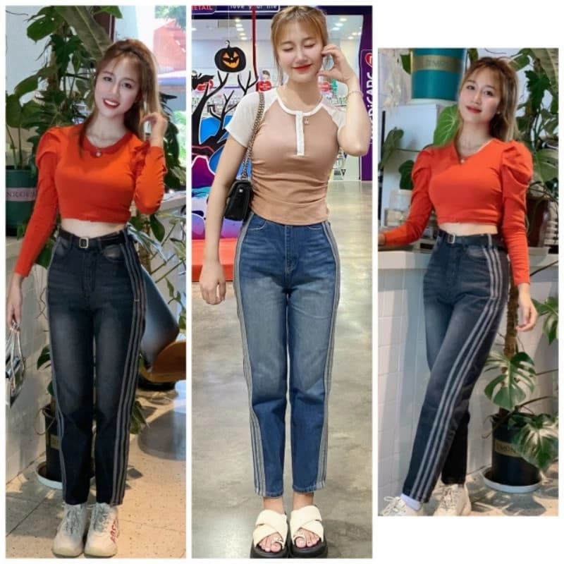 Quần jean nữ ống đứng màu xanh chạy viền 3 sọc,Quần baggy nữ màu xám cạp cao
