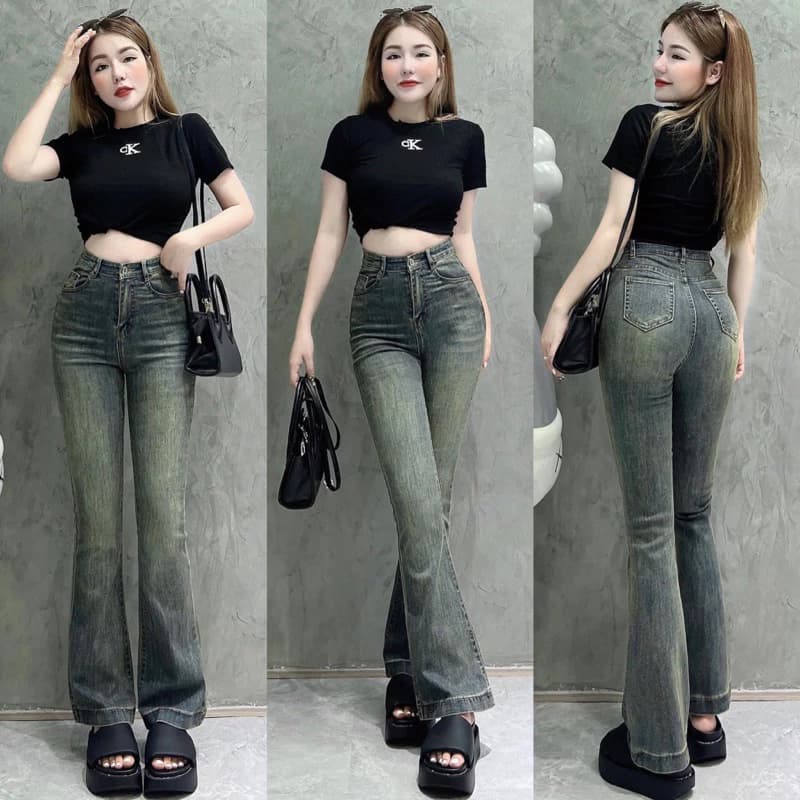 [COOLJEANS] Quần bò jean nữ ống loe co giãn cạp cao hách dáng phong cách Hàn Quốc