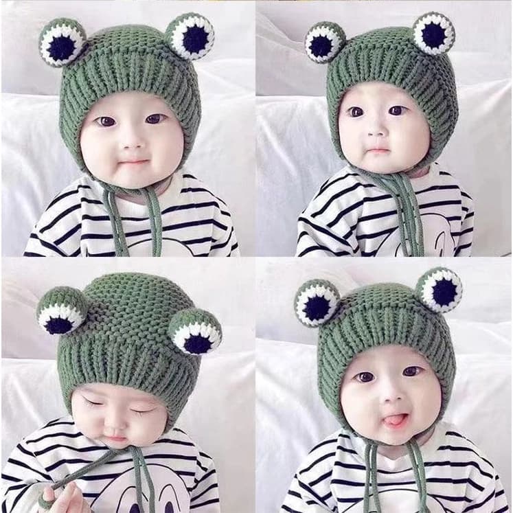 Mũ len ếch dệt kim cho trẻ em lót lông ấm áp cho bé 1-3 tuổi