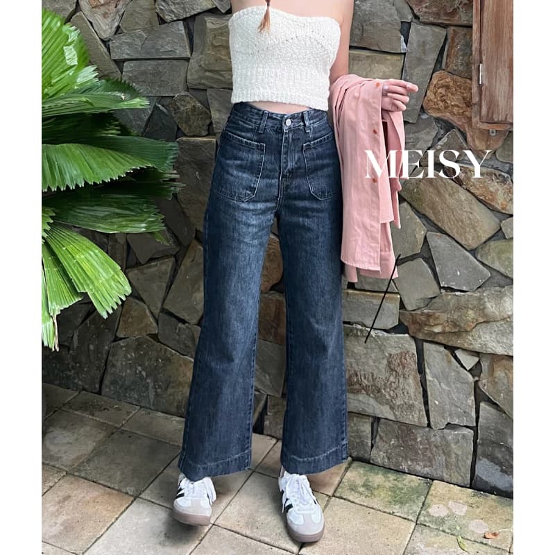 Quần jeans nữ ống rộng suông không co giãn Meisy túi kiểu màu đen than phong cách Hàn Quốc