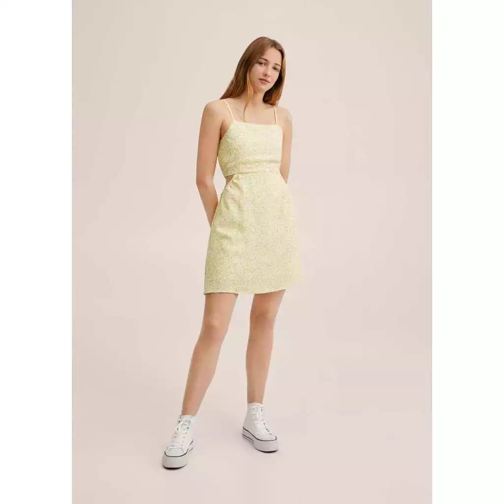 Mango Đức - Đầm hoa nhí ôm body hai dây khoét eo hai lớp lót cotton vàng sale auth new tag chính hãng có sẵn 27079405