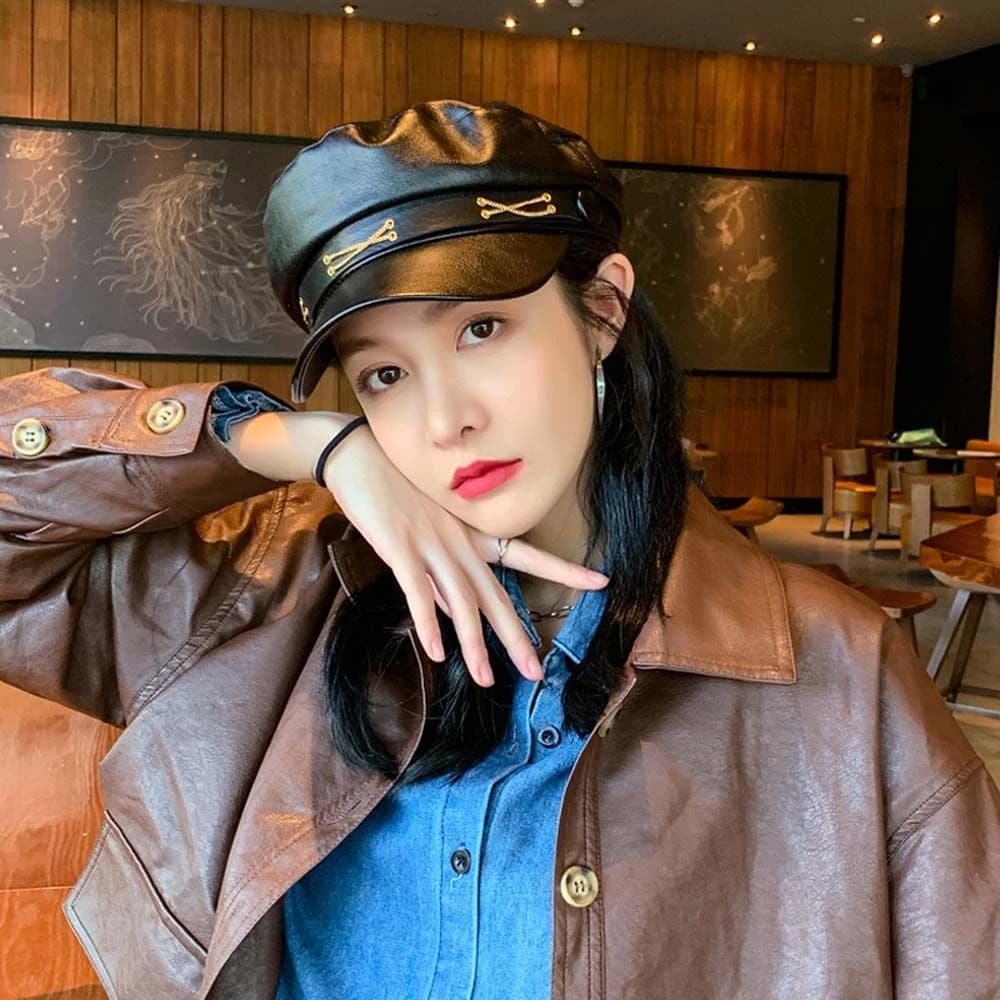 Mũ Beret, 🍁FREESHIP🍁Mũ Nồi Da PU Phối Xích Sang Trọng Phong Cách Hàn Quốc Thời Trang Nữ (SX4M)