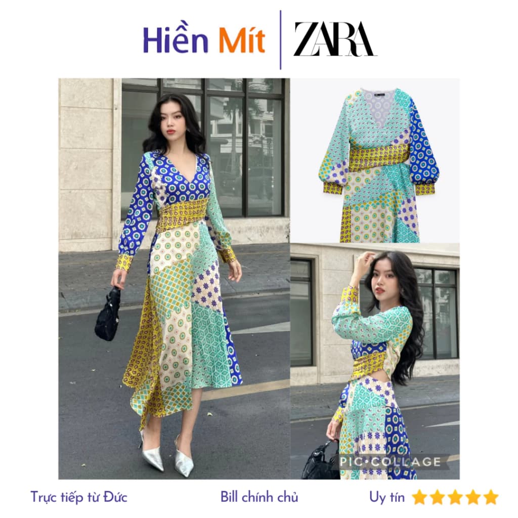 (Size XS, S) ZARA Đức - Đầm midi dài patchwork in họa tiết cổ V dài tay chiết eo sale auth new cao cấp sẵn 3164/229