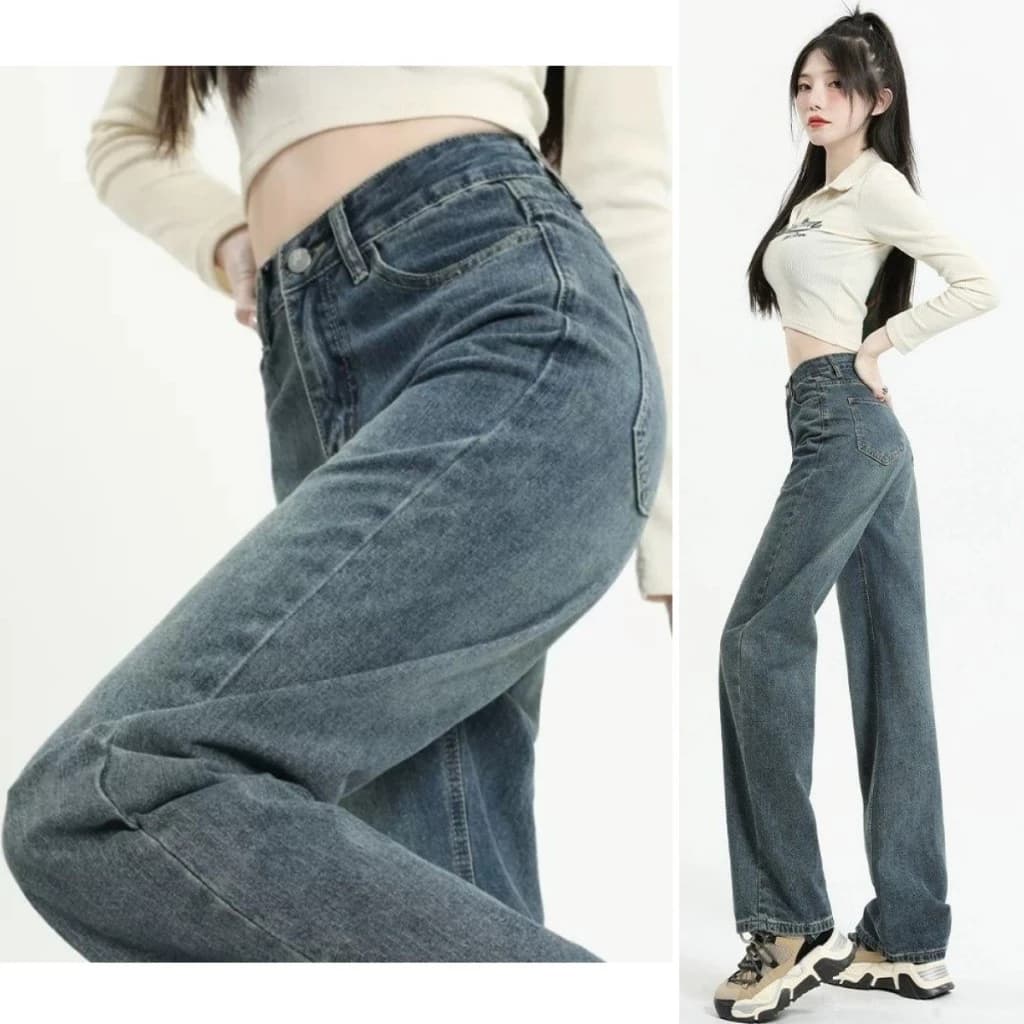 Quần JEAN nữ ống rộng, Quần bò nữ ống suông retro xanh đậm, kiểu baggy ống đứng ảnh thật