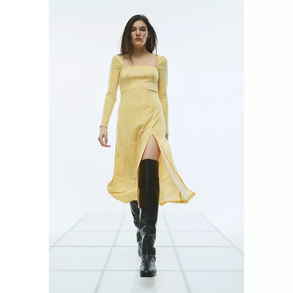 H&M Đức - Đầm ôm midi dài tay cổ vuông xẻ tà sọc caro vàng dự tiệc sale auth new chính hãng có sẵn 1154836003