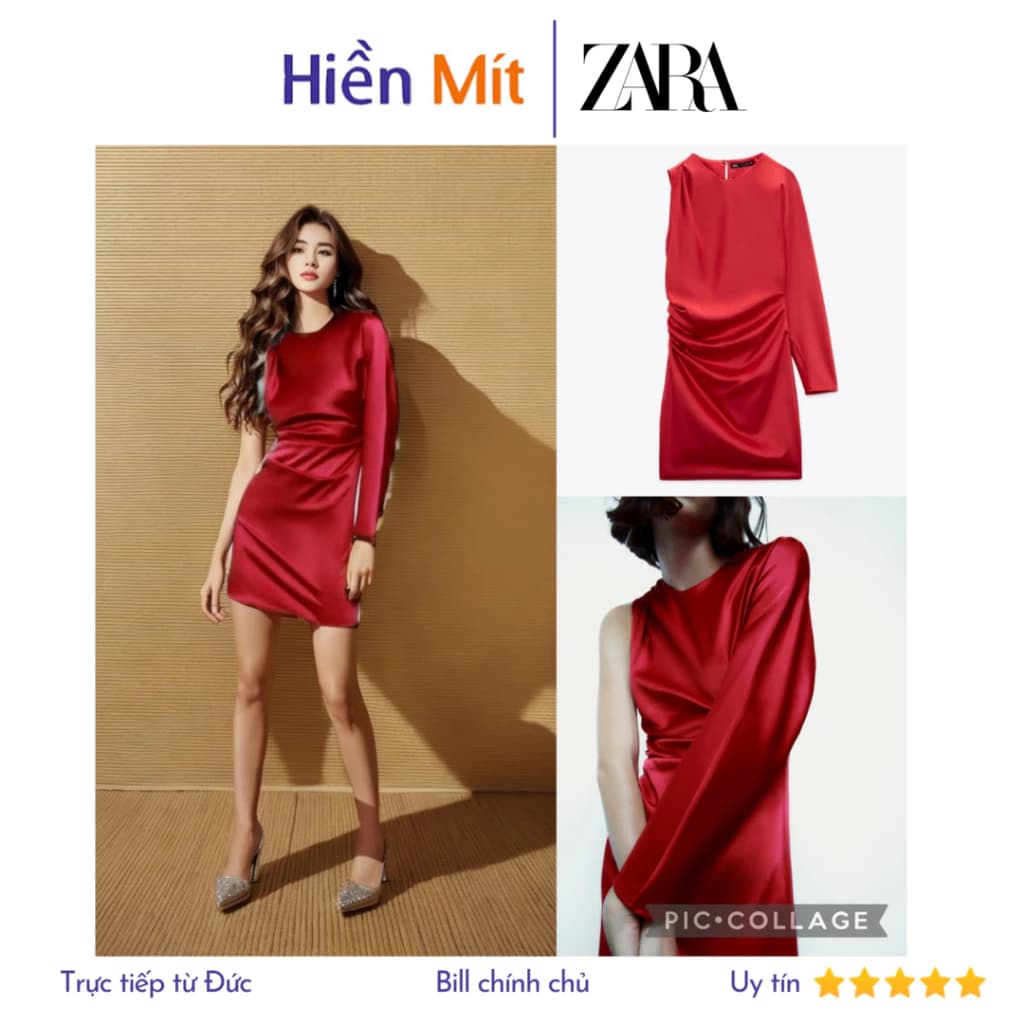 (Size XS) ZARA Đức - Đầm lụa phi bóng lệch vai tay dài một bên màu đỏ sale auth new tag cao cấp có sẵn 4688/211