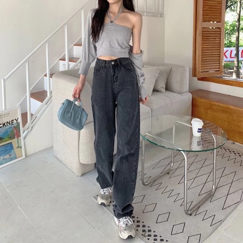 Quần Jean Nữ Cạp Cao, Ống Suông Rộng Màu Xám Khói