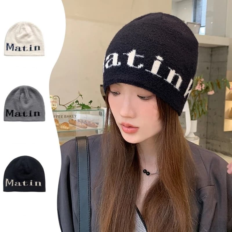 Mũ Len Beanie Nữ Thời Trang Mũ Len Trùm Đầu Ấm Áp In Chữ Màu Tương Phản Cho Nữ