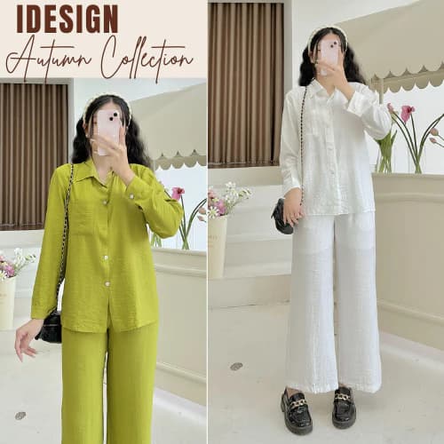 Bộ đũi nữ dài tay, sét đũi nữ áo sơ mi và quần ống suông rộng chất liệu vải đũi mềm mại N33