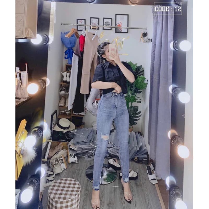 Quần jeans ôm rách lai kiểu lưng cao co giãn🌷KLii sẵn