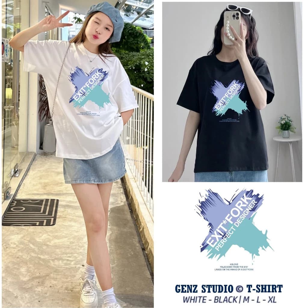 Áo thun nữ, áo phông nữ tay lỡ unisex GENZ STUDIO EXIT FORK, áo form rộng full cotton oversize phong cách siêu dễ thương
