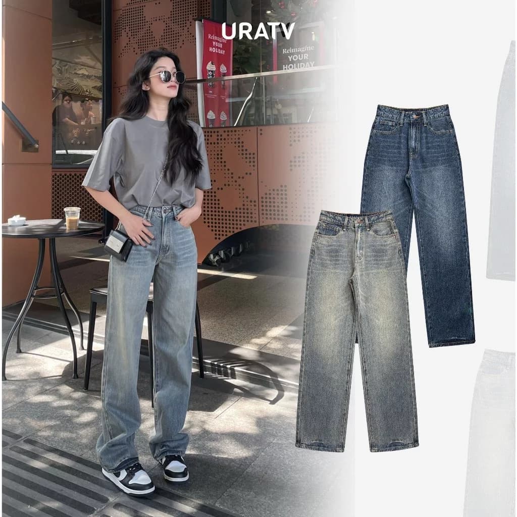 Quần jeans nữ dài ống suông wash trendy URATV