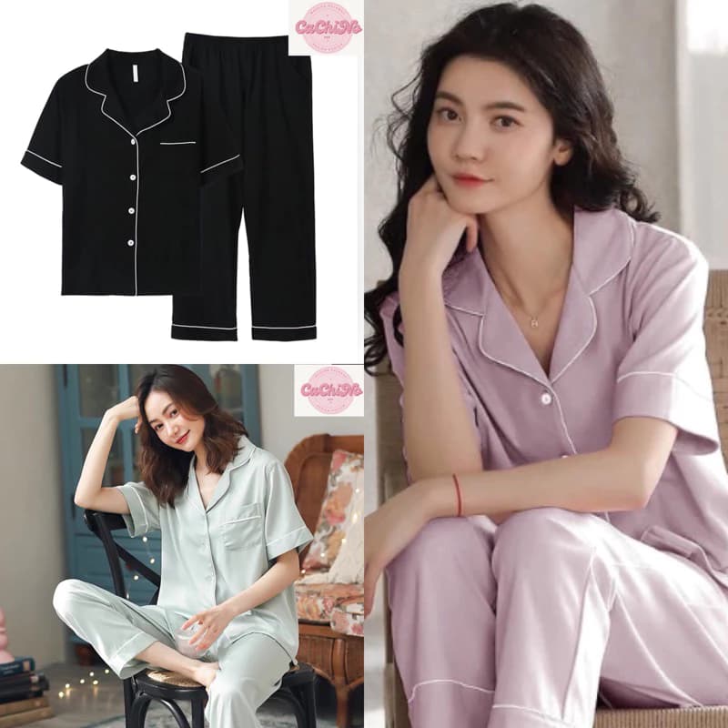 Bộ ngủ pizama lụa Xước cao cấp, bộ ngủ lụa cộc tay mềm mại