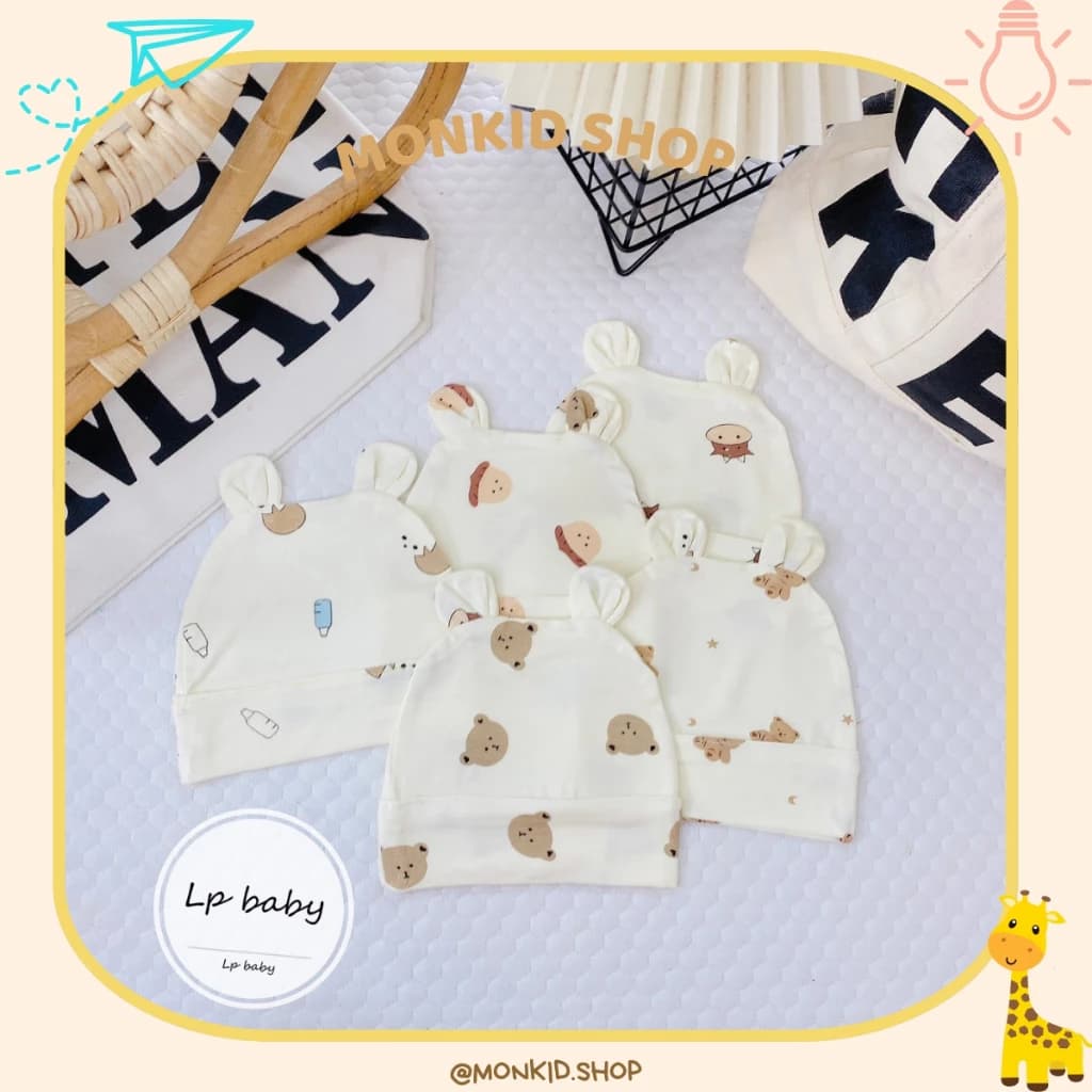 Combo 5 Mũ Sơ Sinh Có Tai Gấu Chất Thun Lạnh Petit Cho Bé Trai, Bé Gái Sơ Sinh Từ 0-3 Tháng