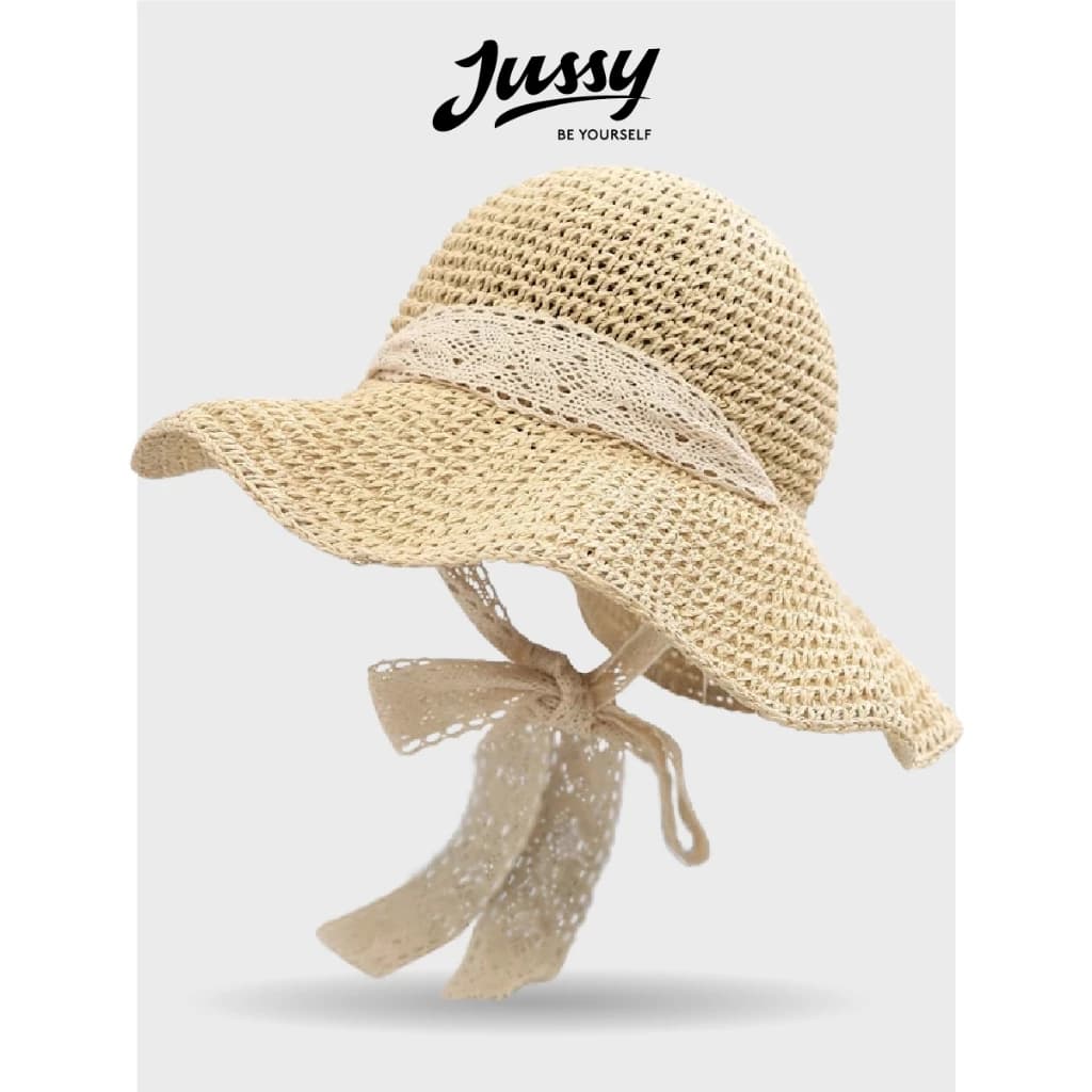 Mũ Cói Mềm Dây Nơ Ren Xinh Xắn JMC03 Jussy Official Nón Cói Rộng Vành Viền Ren Đi Biển Xinh Xắn