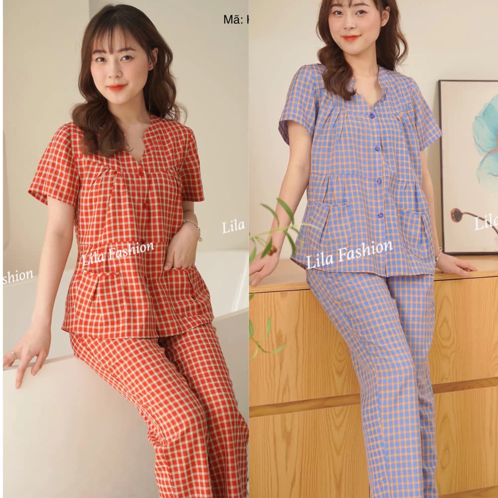 Bộ đồ mặc nhà LILA kẻ caro nữ cổ V tay cọc,quần dài chất thô mềm -K703