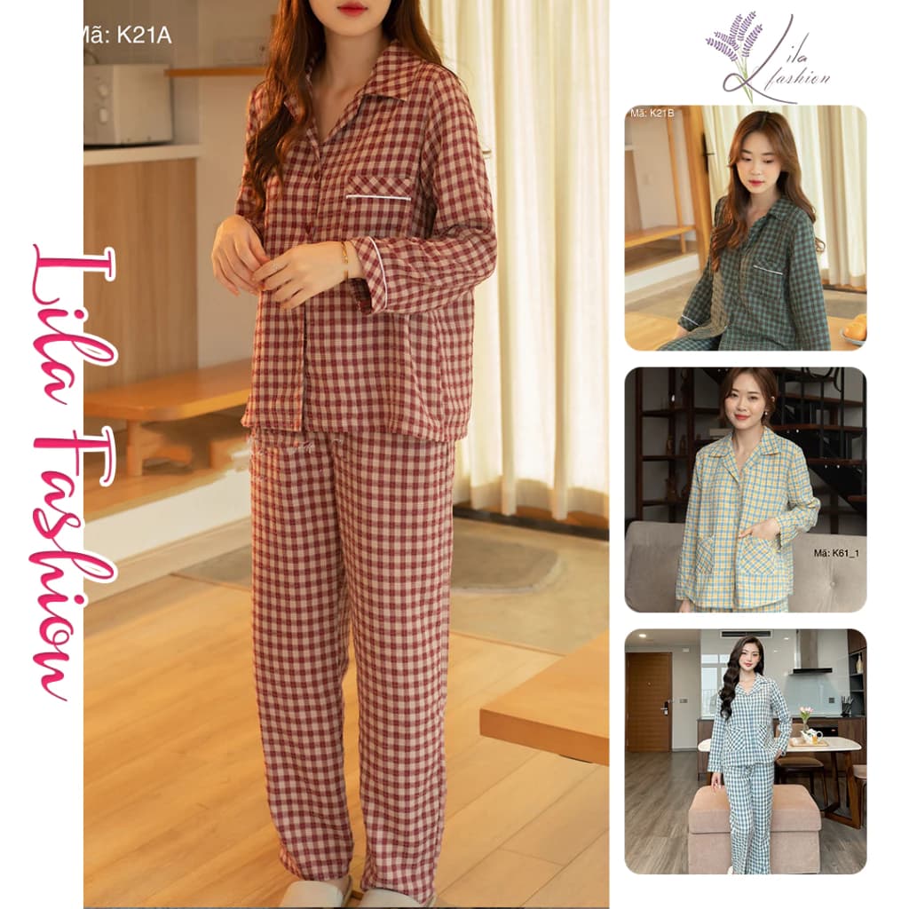 Đồ Bộ Mặc Nhà - Đồ Mặc Nhà Nữ Lila Kẻ Caro Dáng Dài Có Cổ Mặc Thoải Mái Chất Liệu Cotton Mềm Mịn Áo Có Cổ Bẻ
