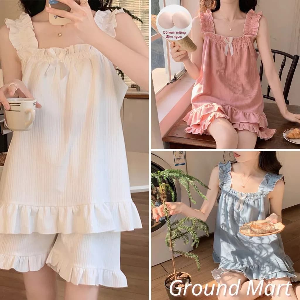 Bộ đồ áo 2 dây bản to quần đùi cho nữ mặc nhà có đệm ngực vải thun cotton mềm thoáng, nhiều màu, size từ 40 đến 75 kg