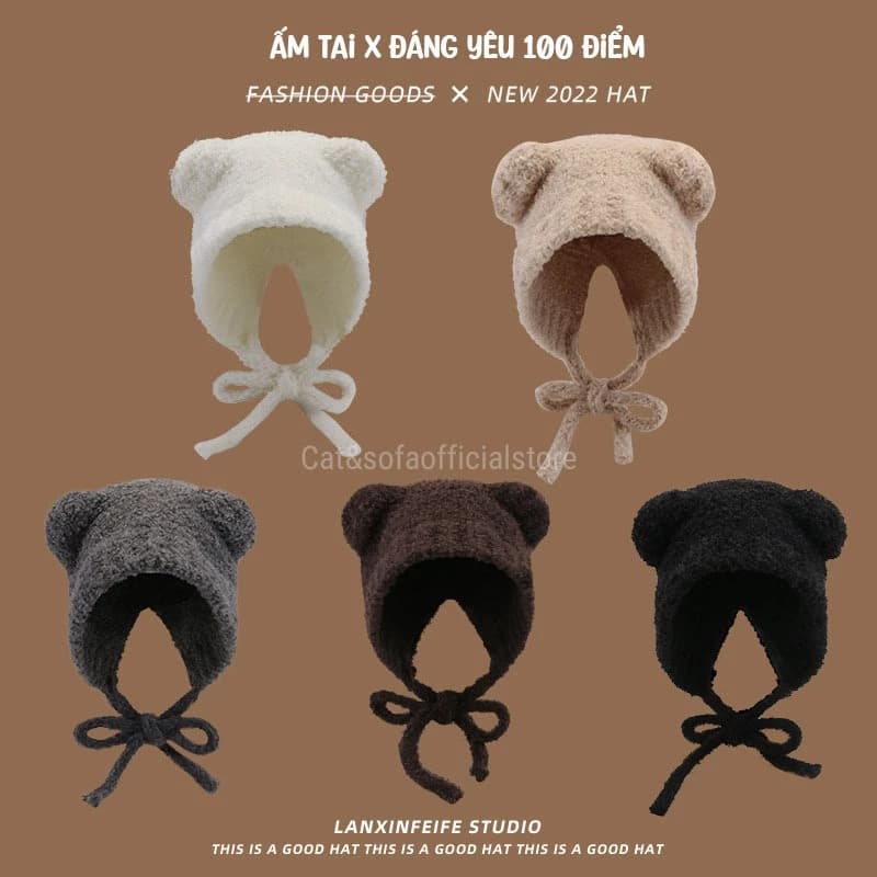 Mũ len tai gấu trùm đầu ấm mùa đông, mũ nón len nữ cute đáng yêu