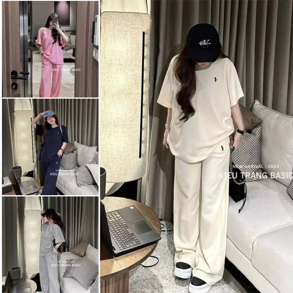 Bộ đồ nữ áo thun nữ tay lỡ quần ống rộng bigsize cạp cao lưng thun thêu ngựa D501
