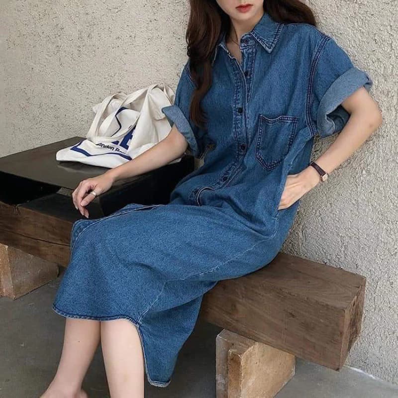 váy jean bò cổ bẻ xuông hàng quảng châu