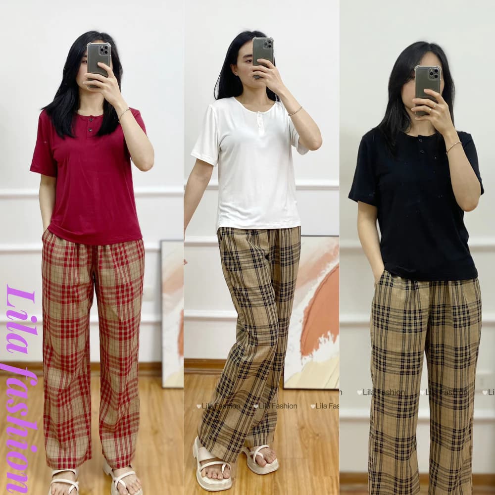 Bộ Pijama Nữ - Đồ Bộ Mặc Ở Nhà Nữ Lila set áo thun 100% cotton, quần Kẻ Caro Cổ Chữ tròn Dáng suông - T02