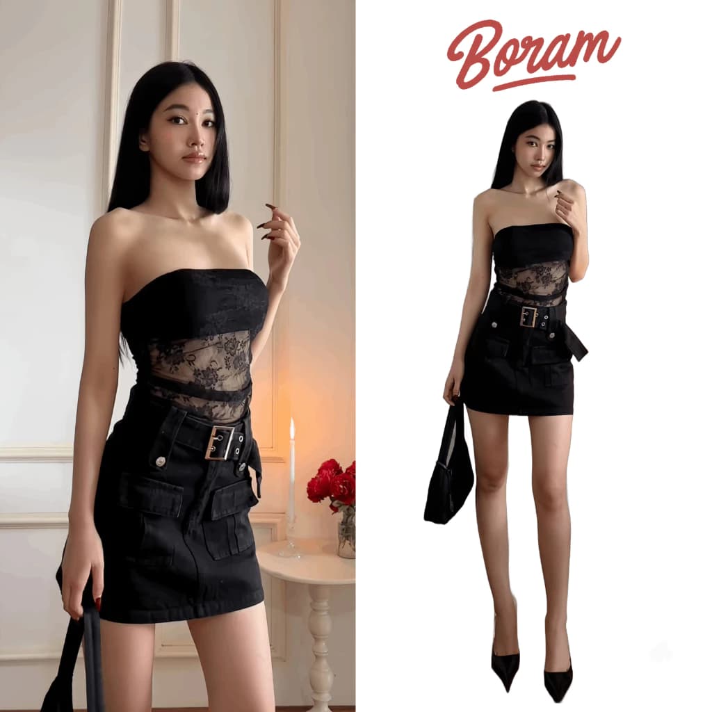 Chân váy túi hộp kaki nữ thắt lưng bản to BORAM SG (có quần trong)