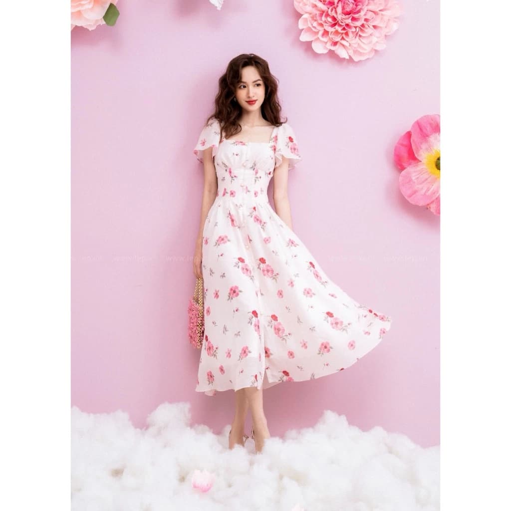 váy hoa đầm đi biển đính cúc ngọc siêu tôn dáng LINDesign V78