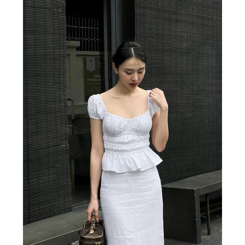 Áo linen tay bồng bo nhún ALICIA TOP