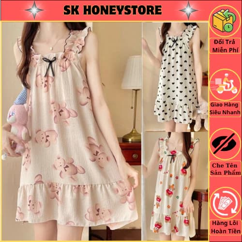 Váy ngủ hai dây bèo họa tiết trẻ trung xinh xắn MS6596 💖💖 Đồ ngủ nữ mặc nhà 💖💖 Đầm nữ mặc nhà