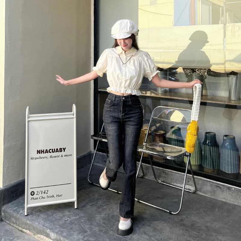 Quần Jeans co giãn xanh chàm loe nhẹ phong cách basic Hàn Quốc