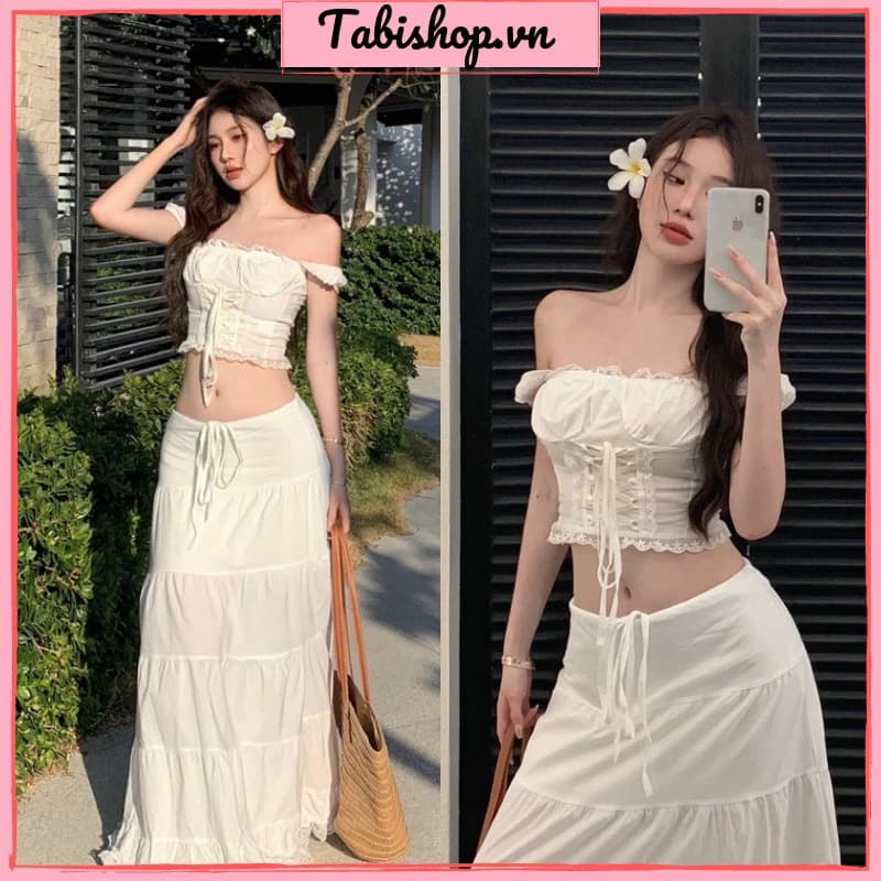 Set đồ đi biển màu trắng TABISHOP Set áo croptop trễ vai phối chân váy dài sang chảnh hottrend mặc hè(11)