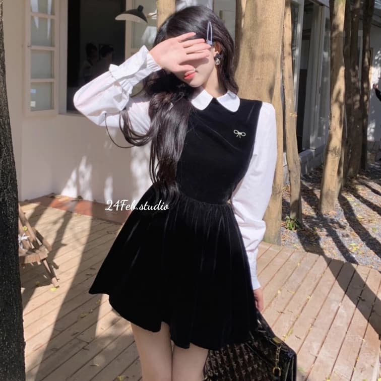 Váy nhung nữ dài tay phối cổ sen chiết eo tặng kèm ghim cài nơ đính đá 24Febstudio VN54