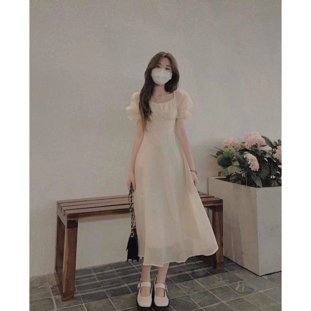 Váy babydoll tay phồng tiểu thư bánh bèo, đầm babydoll công chúa dáng dài dự tiệc cổ vuông tay bồng