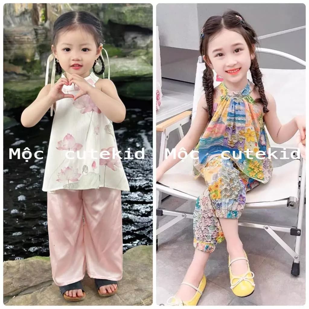 (7-33kg) Bộ yếm HỌA TIẾT HOA cho bé gái, set yếm cho bé gái mặc đi chơi Lễ Hội, đi chơi Lễ Tết
