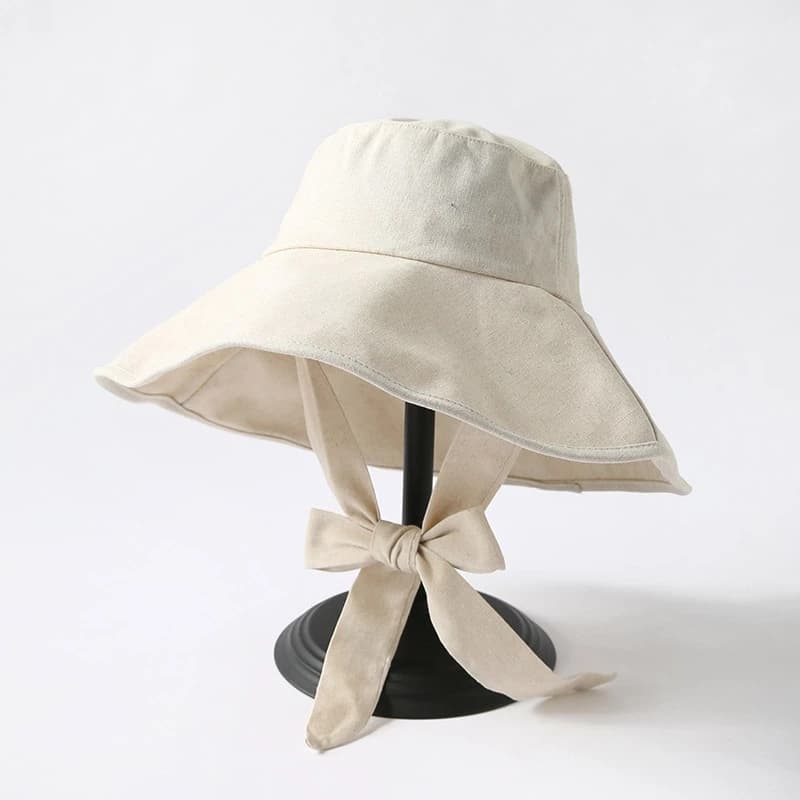Mũ Bucket Nữ Thiết kế nơ dây đeo thời trang mới nón Tai Bèo rộng vành Vải cotton và vải lanh cao cấp Mũ Chống Nắng