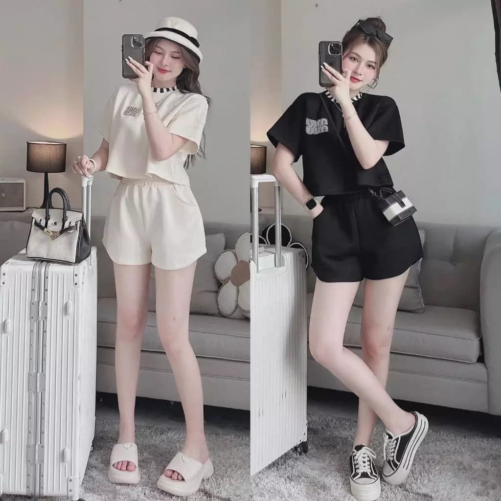 SET ÁO THUN CỔ SỌC ĐÍNH ĐÁ PHỐI QUẦN SHORT NỮ, SET ĐỒ NỮ THỜI TRANG TRẺ TRUNG | MEOINDAHOUSE