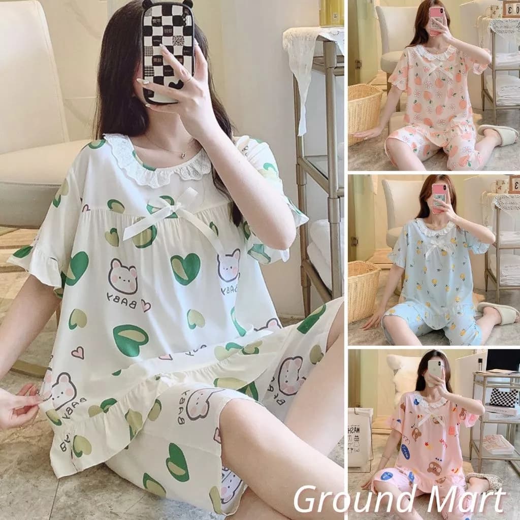 Bộ đồ mặc nhà cho nữ áo cộc tay quần lửng vải lanh mềm mát, nhiều kiểu dáng họa tiết trẻ trung, size từ 45-77kg (kiểu 3)