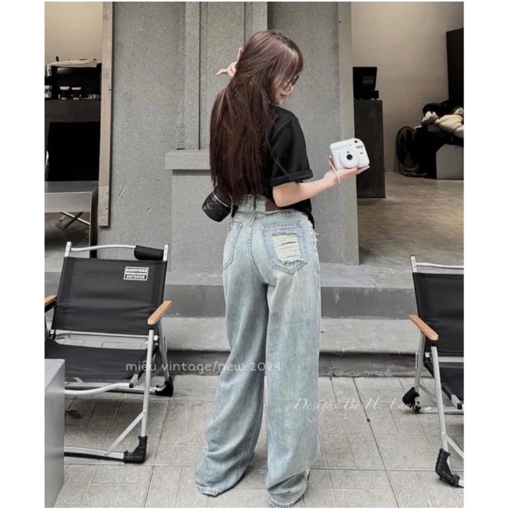 QUẦN JEANS XUÔNG RÁCH TÚI SAU ỐNG RỘNG CHE TĂNG CHIỀU CAO SUÔNG DÀI
