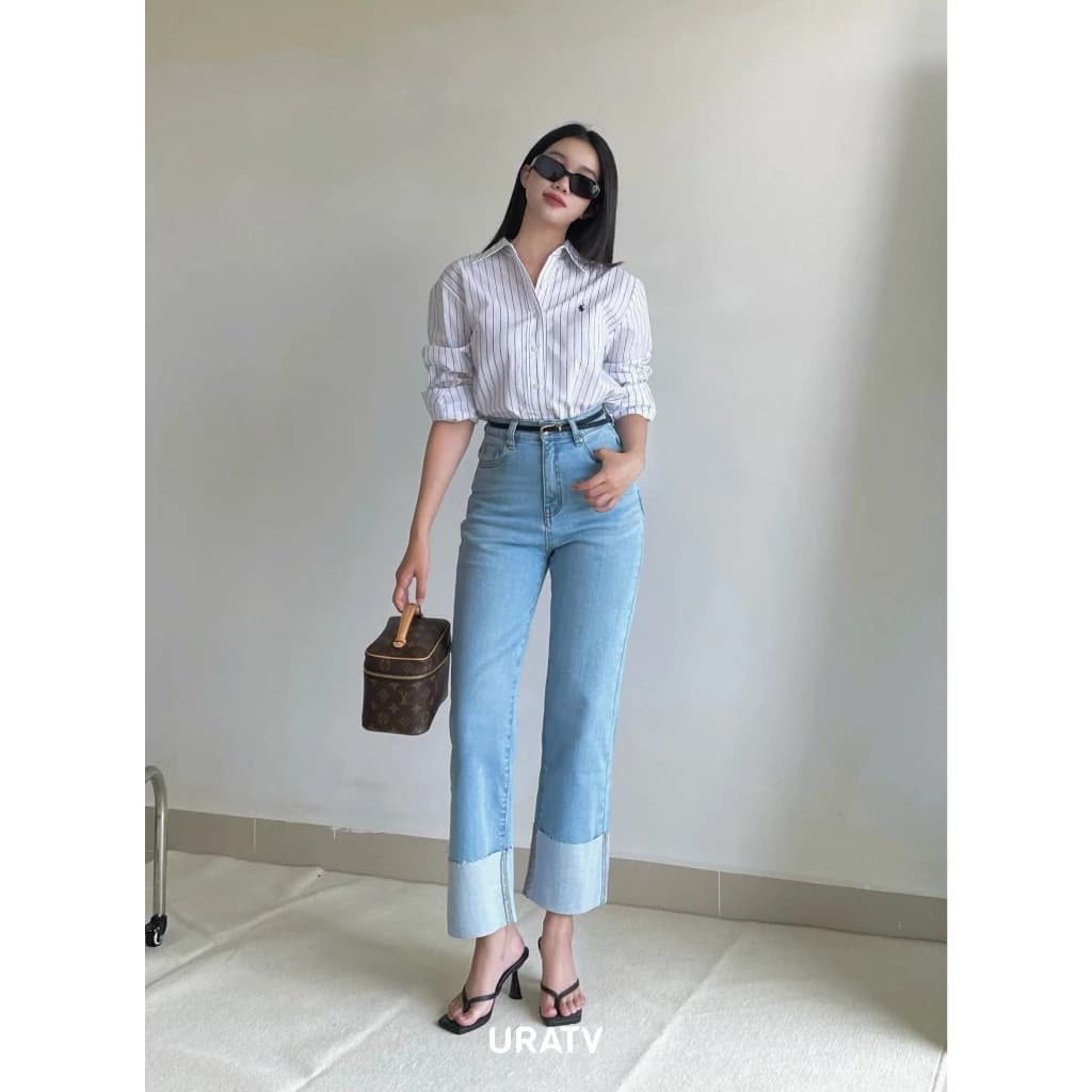 [MẪU MỚI] Quần jean ống đứng lật line lưng cao co giãn URATV
