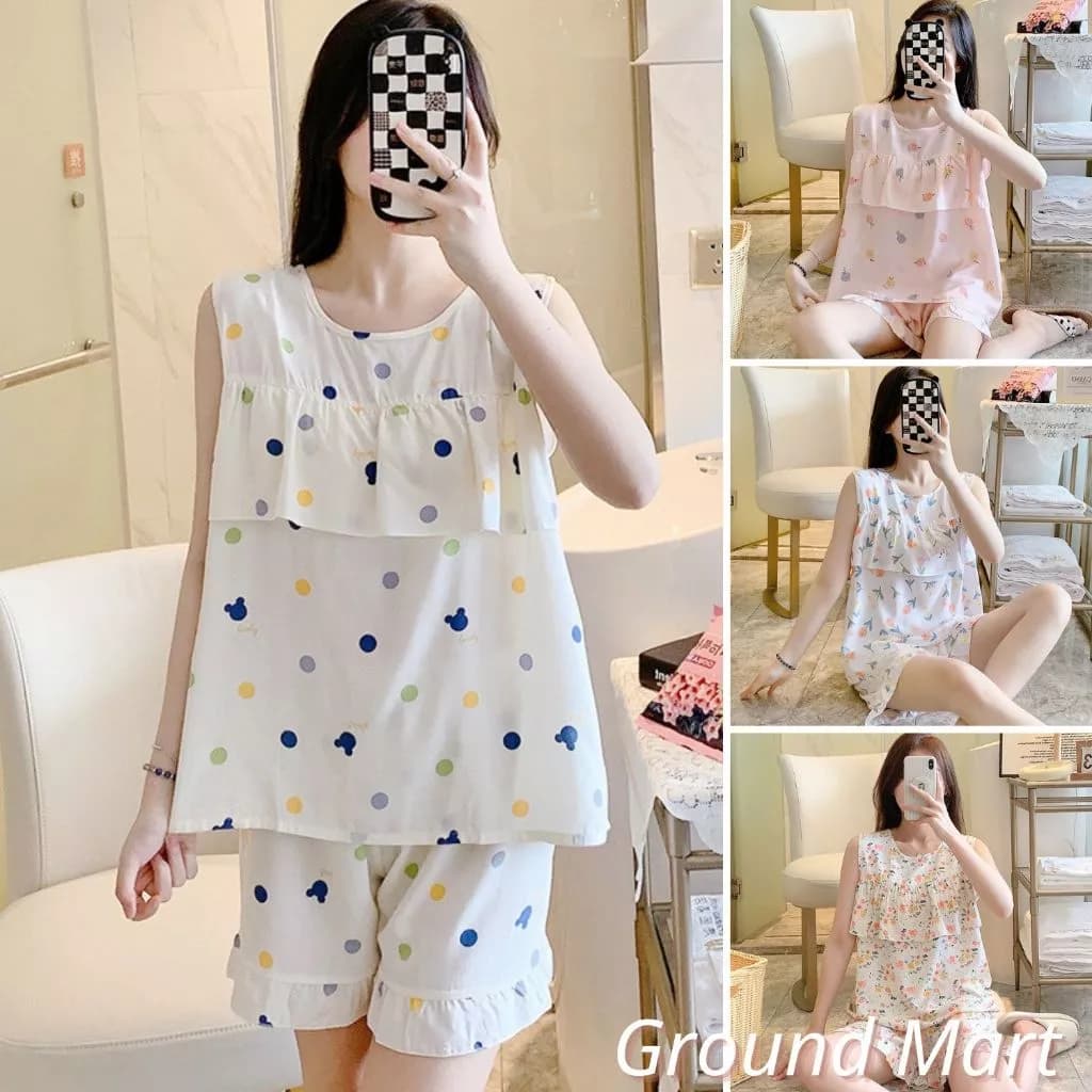 Bộ đồ mặc ở nhà dành cho nữ áo ba lỗ phối bèo ngực và quần đùi vải lanh mềm mát, trẻ trung size từ 40 - 70 kg (kiểu 3)