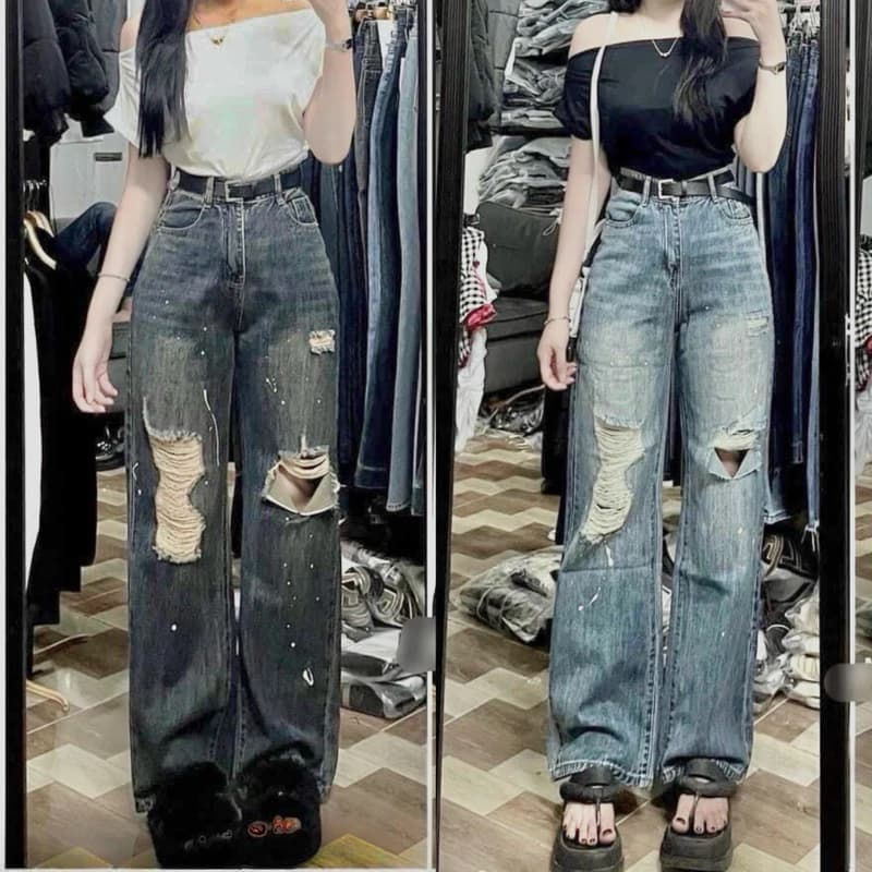 🌷Hot🌷 Quần jeans suông xịn rách vẩy sơn siêu đẹp dài 104cm🌷KLii jeans sll