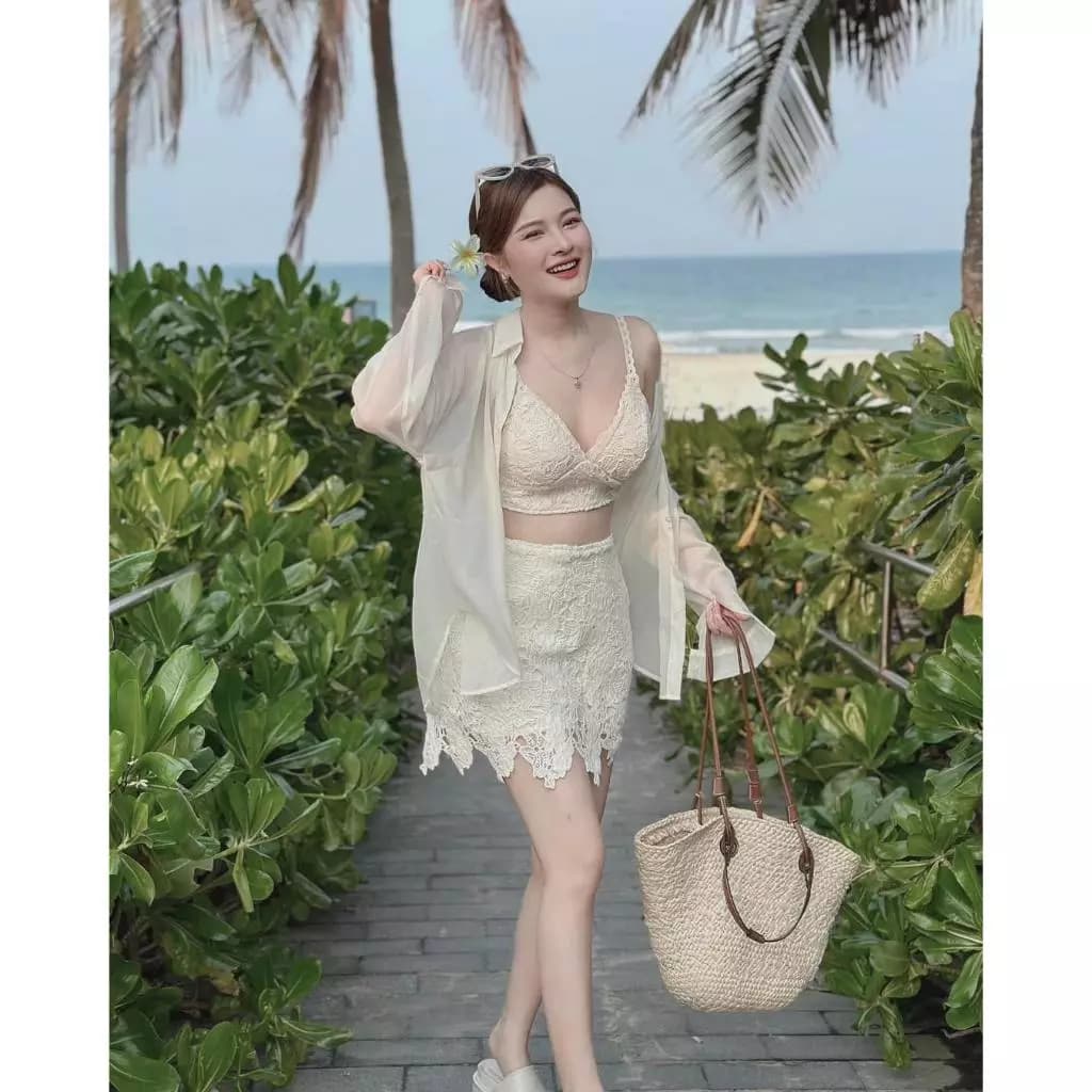 🍊 Set 3sp áo sm k túi voan + bra + cv ren hoa - Kem  🔥  MEOINDAHOUS 🔥 ( VUI LÒNG IB MÈO ĐỂ