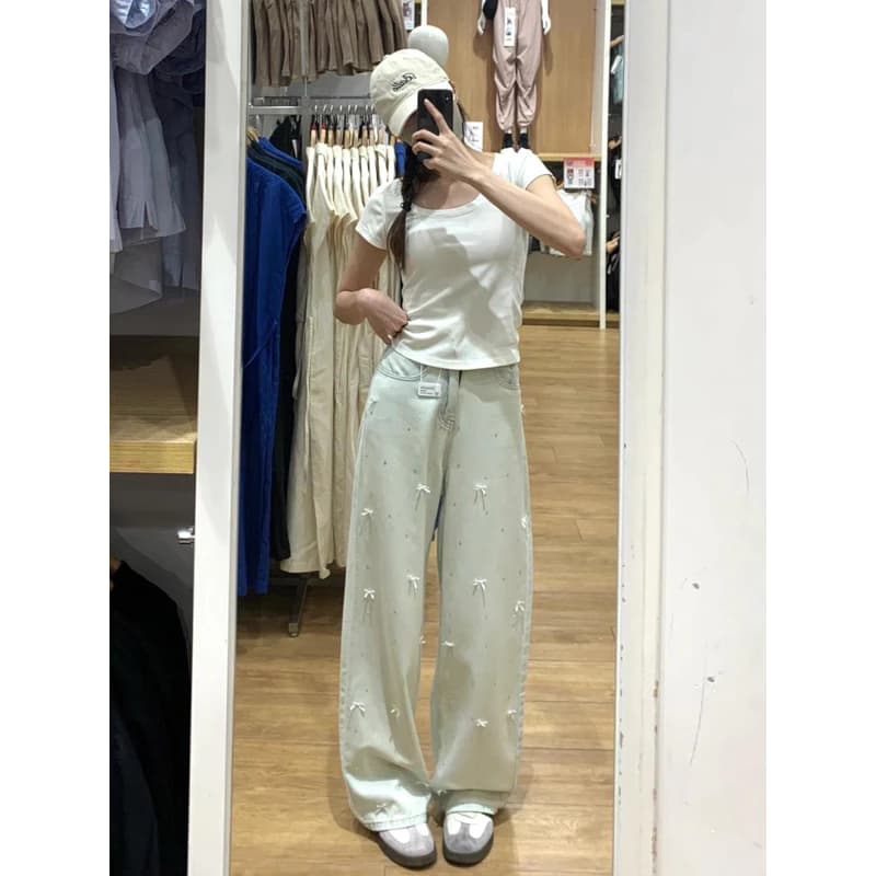 @𝑶𝒏𝒊.𝑺𝒉𝒐𝒑_(SẴN ĐỦ SIZE ) Quần Jean Nơ Xanh Bạc Ống Rộng Hoạ Tiết Đáng Yêu , Quần Jean Mềm Hàng QC Loại 1