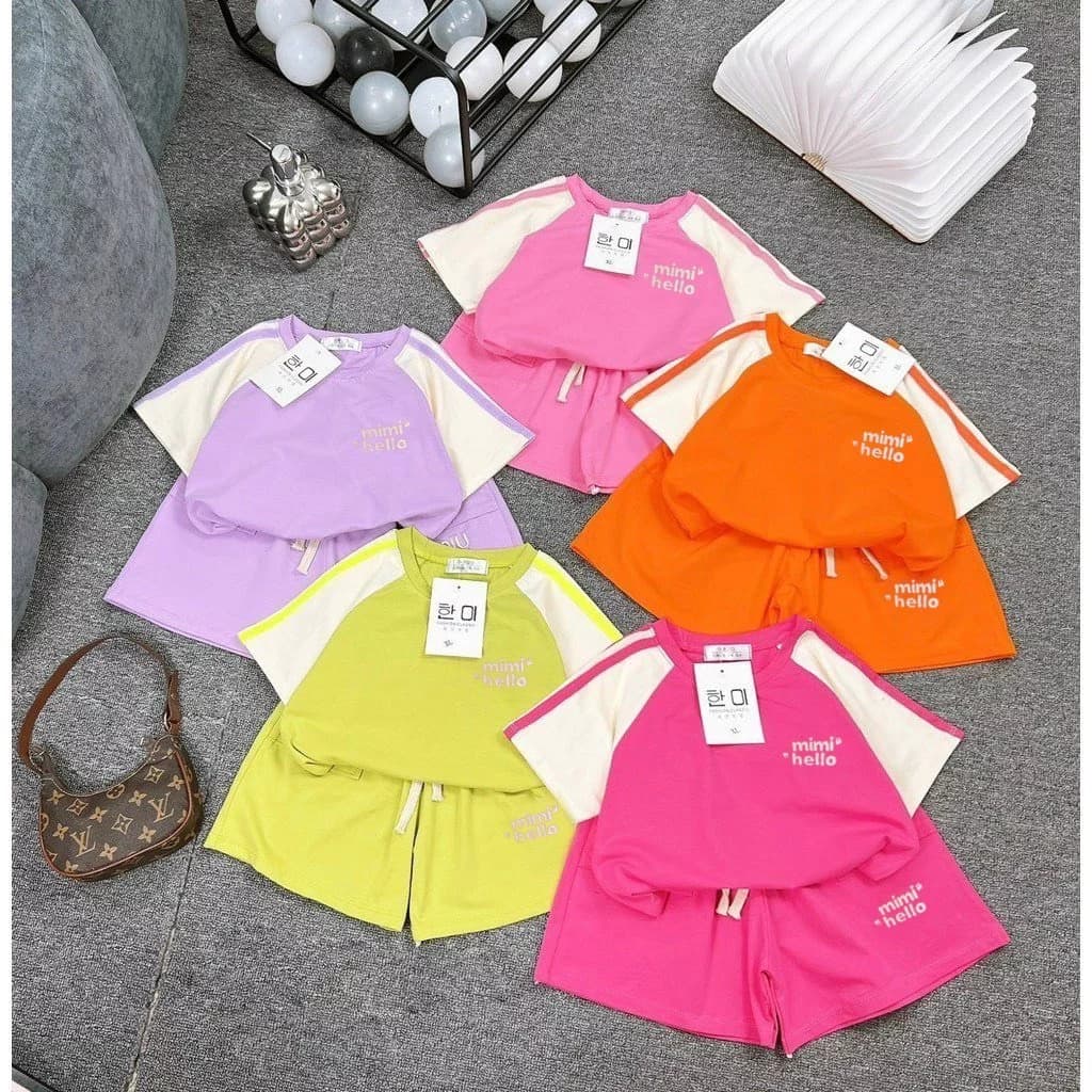 Bộ quần áo mimi hello mặc hè cho bé gái, chất vải cotton, 5 màu, size 14-52 kg