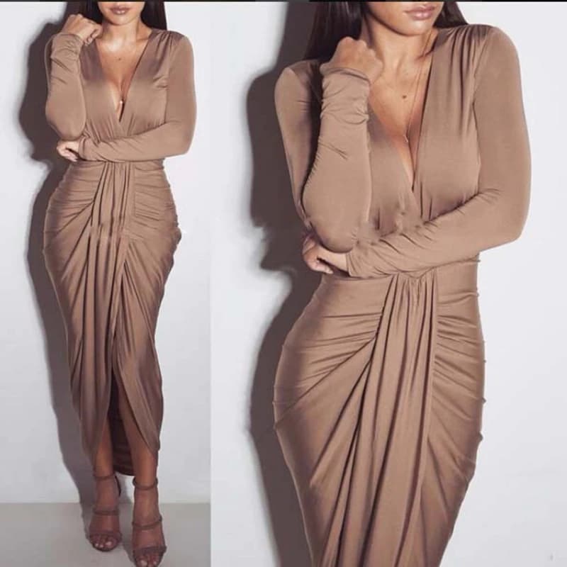 Váy body thu đông Âu Mỹ cổ chữ V dài tay cotton xếp ly gợi cảm chất lượng cao