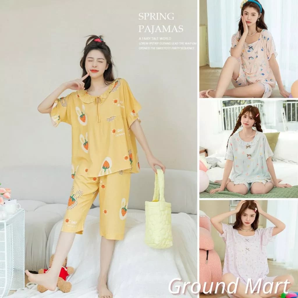 Bộ đồ mặc nhà cho nữ áo cộc tay quần lửng vải lanh mềm mát, họa tiết trẻ trung, size từ 45 - 60 kg (kiểu 4)