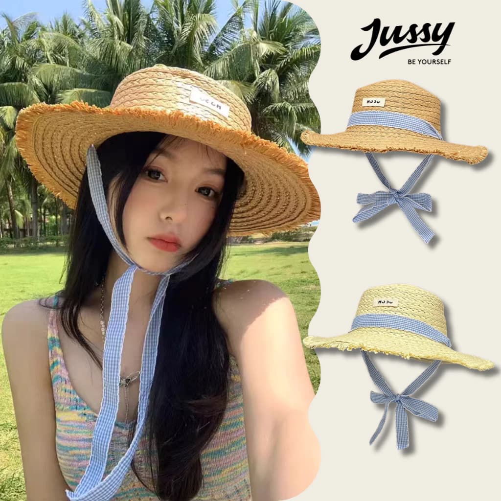 Mũ Cói Mềm Nơ Caro Xanh Xinh Xắn JMC12 Jussy Official Nói Cói Đi Biển Phong Cách Mũ Nữ Vintage Đóng Hộp To Giữ Form